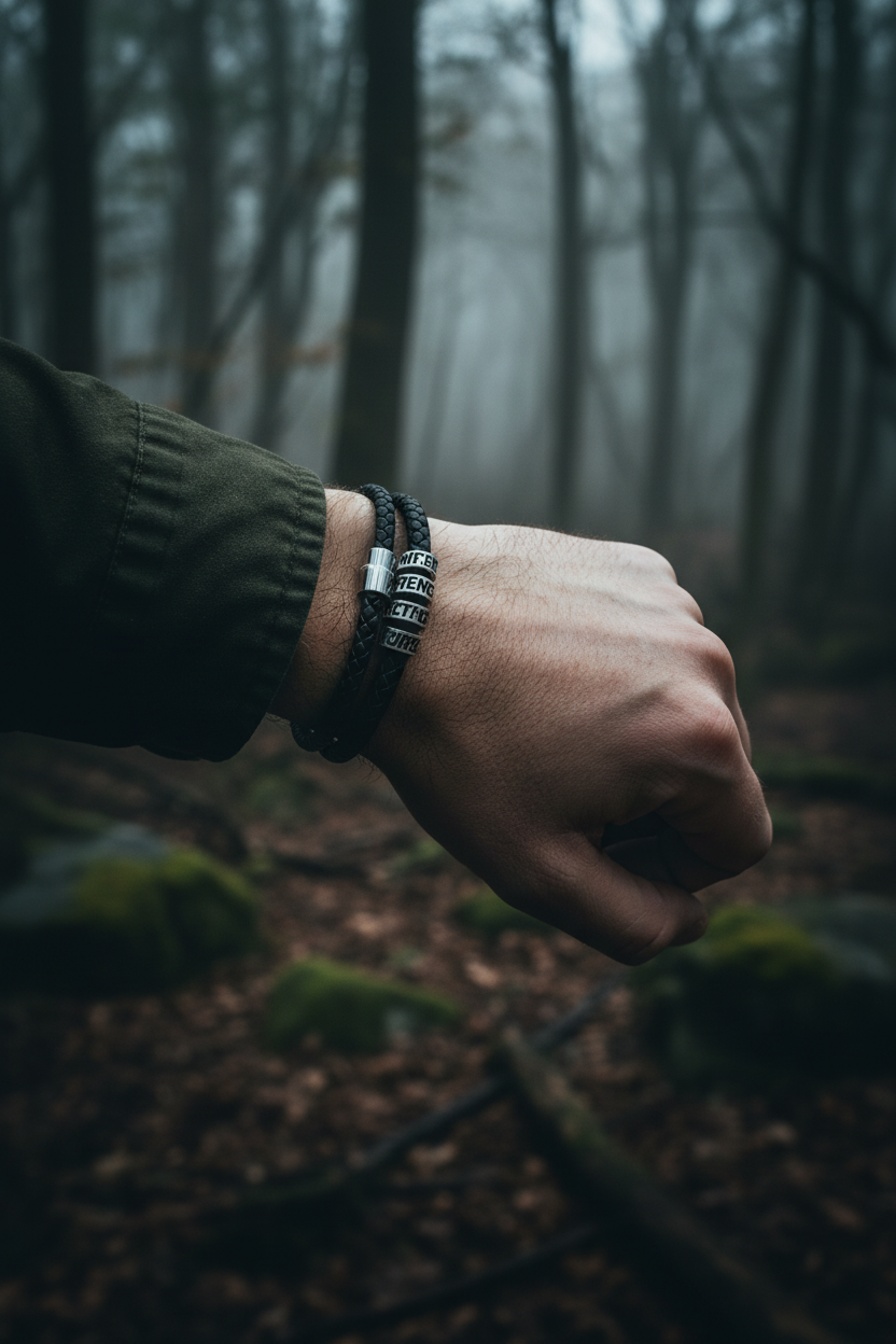 Male model wrist close-up wearing engraved black leather bead bracelet in outdoor moody setting