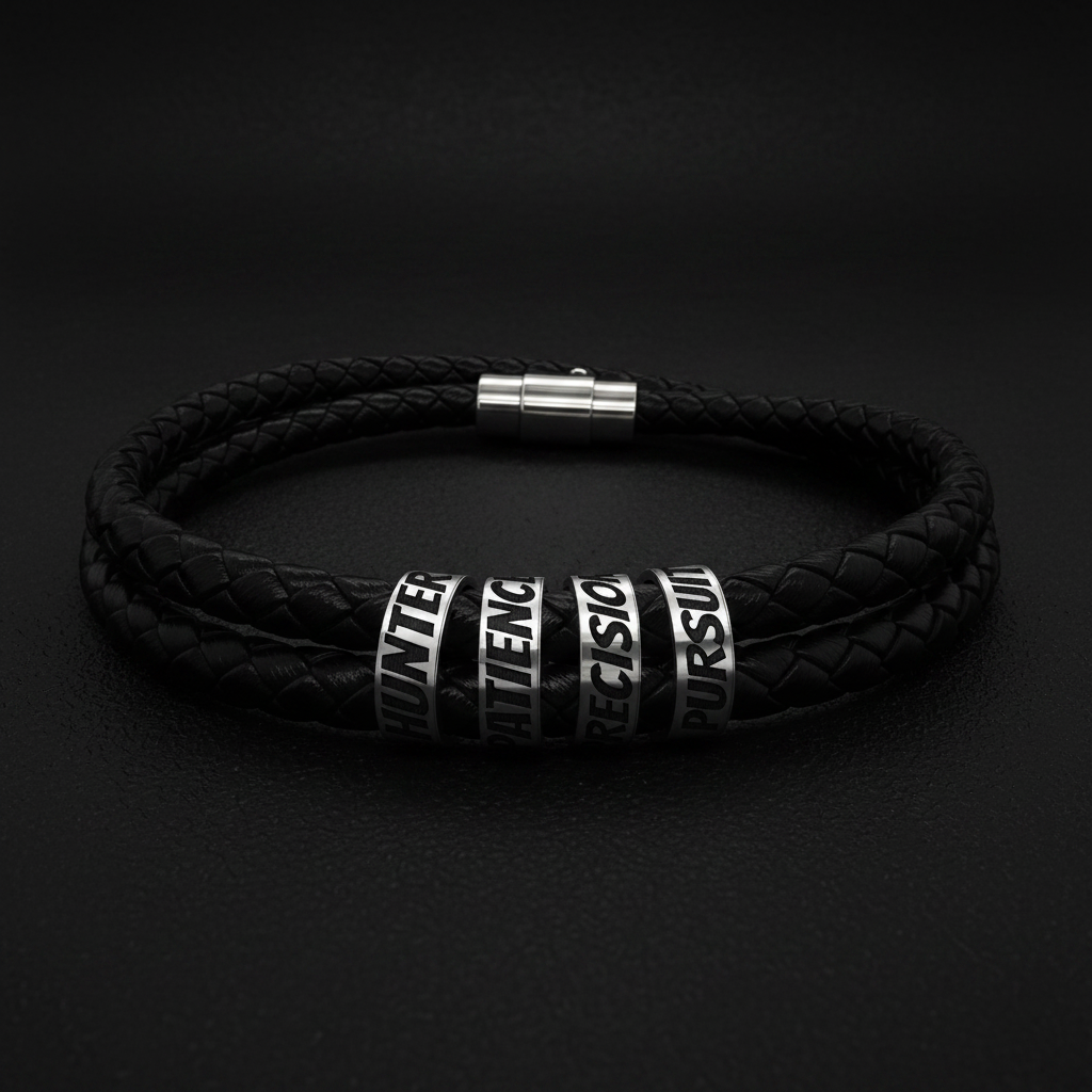 Double-wrap braided black leather bracelet with silver engraved beads reading HUNTER PATIENCE PRECISION PURSUIT on dark matte background