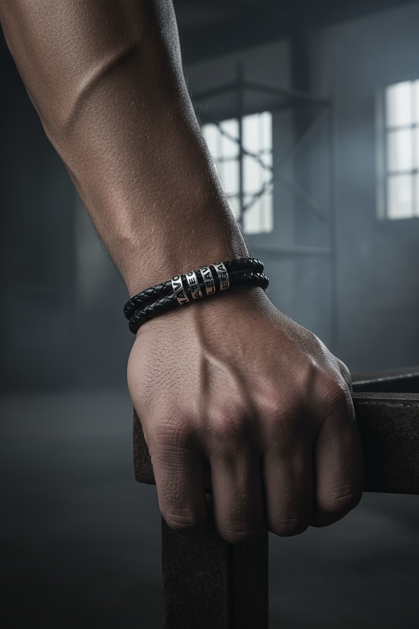 Male model wearing Havoc Legacy double-wrap black leather bracelet with silver engraved beads in dark editorial streetwear photography