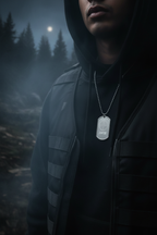 Hunter Crosshair Dog Tag Necklace worn around neck in dark outdoor editorial setting