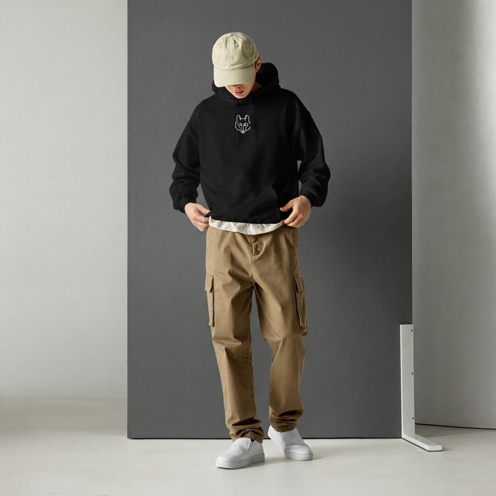 Main hoodie image with textured dark gray board