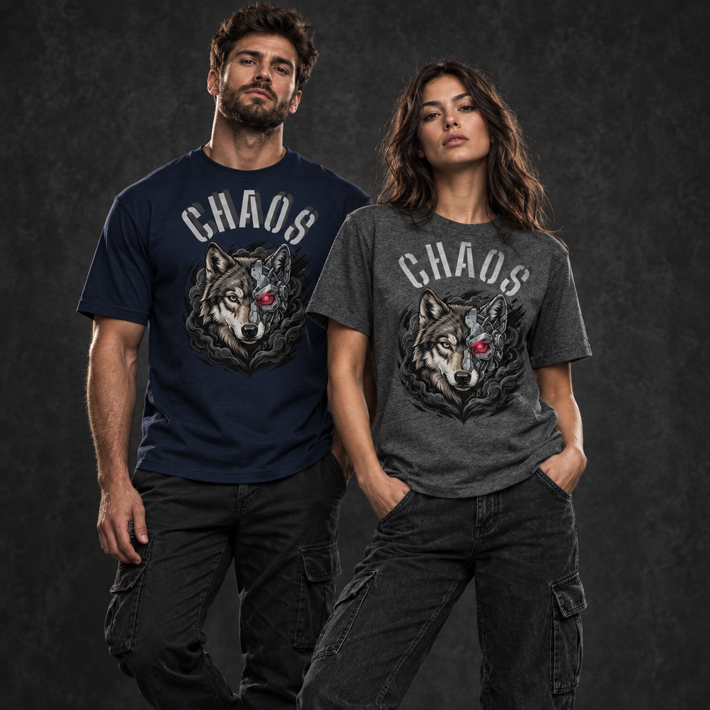 Male and female models wearing navy and dark heather cyborg wolf tees