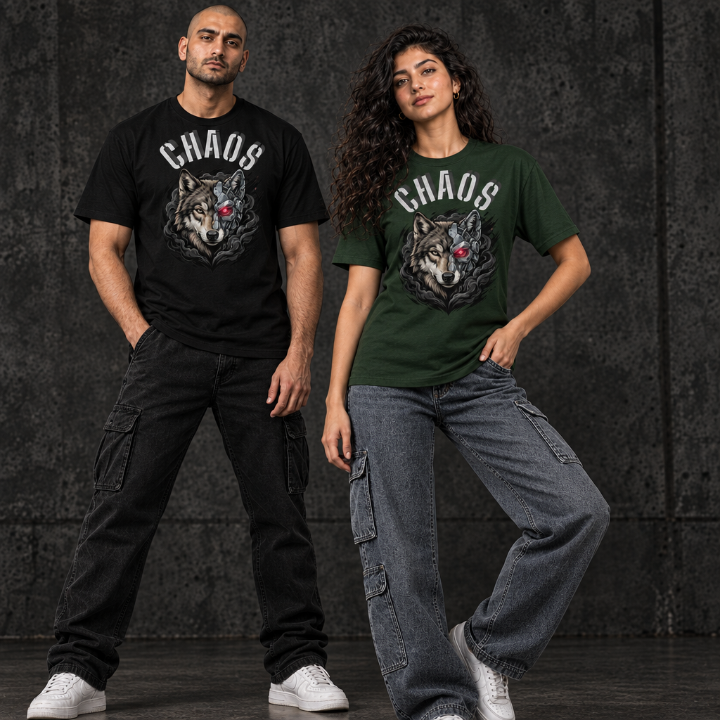 Male in black and female in forest green cyborg wolf tees in a dark urban setting